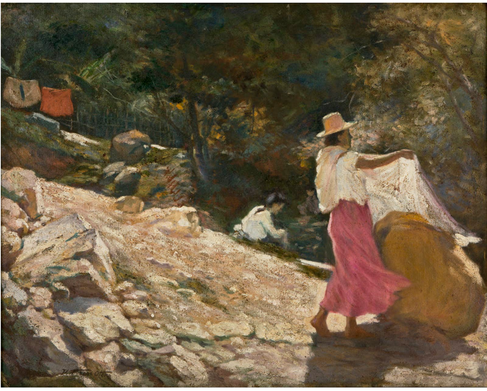 Colombia - Domingo Moreno Otero - Paisaje con lavanderas, Óleo sobre tela 63 × 80 cm.