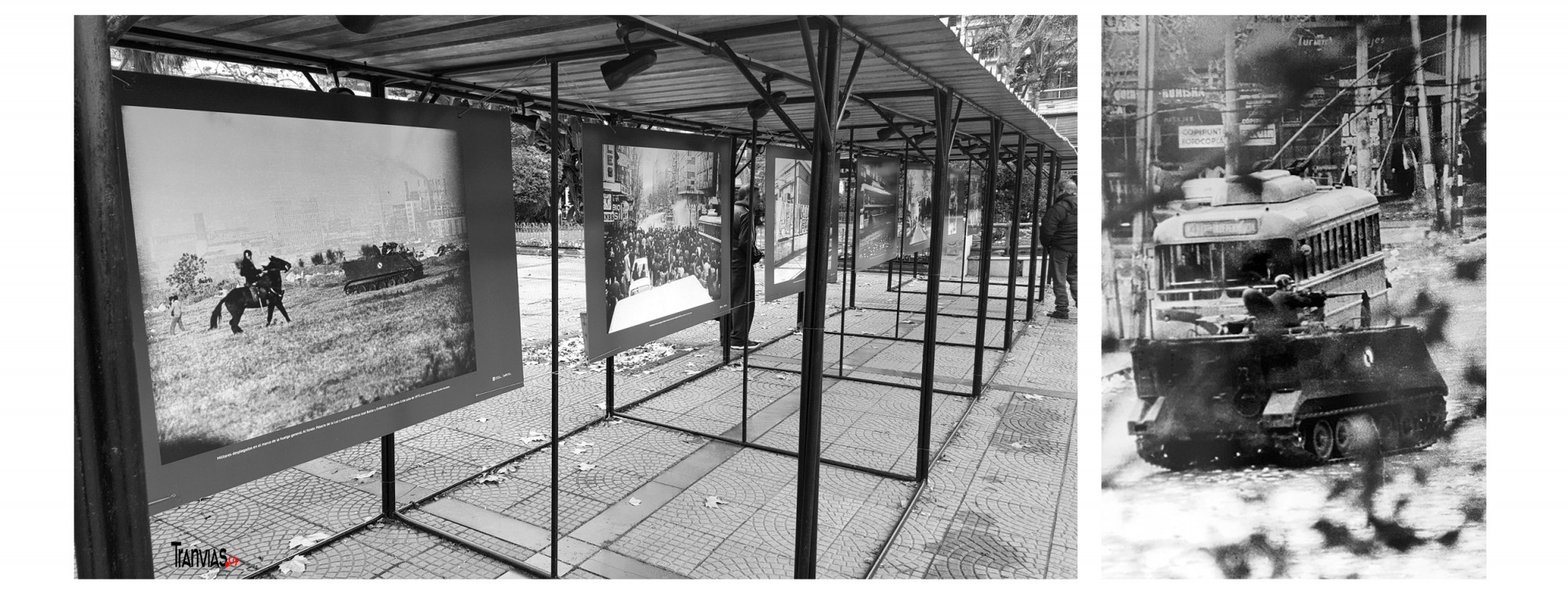 Primera foto sobre la izquierda: Militares desplegados en el marco de la huelga general. Al fondo: Palacio de La Luz y central térmica José Battle y Ordóñez, Montevideo, 27 de junio - 11 de julio 1973. - Segunda foto: Tanqueta del Ejército luego de la disolución de la manifestación del 9 de julio de 1973. Fotos Aurelio González - cdf