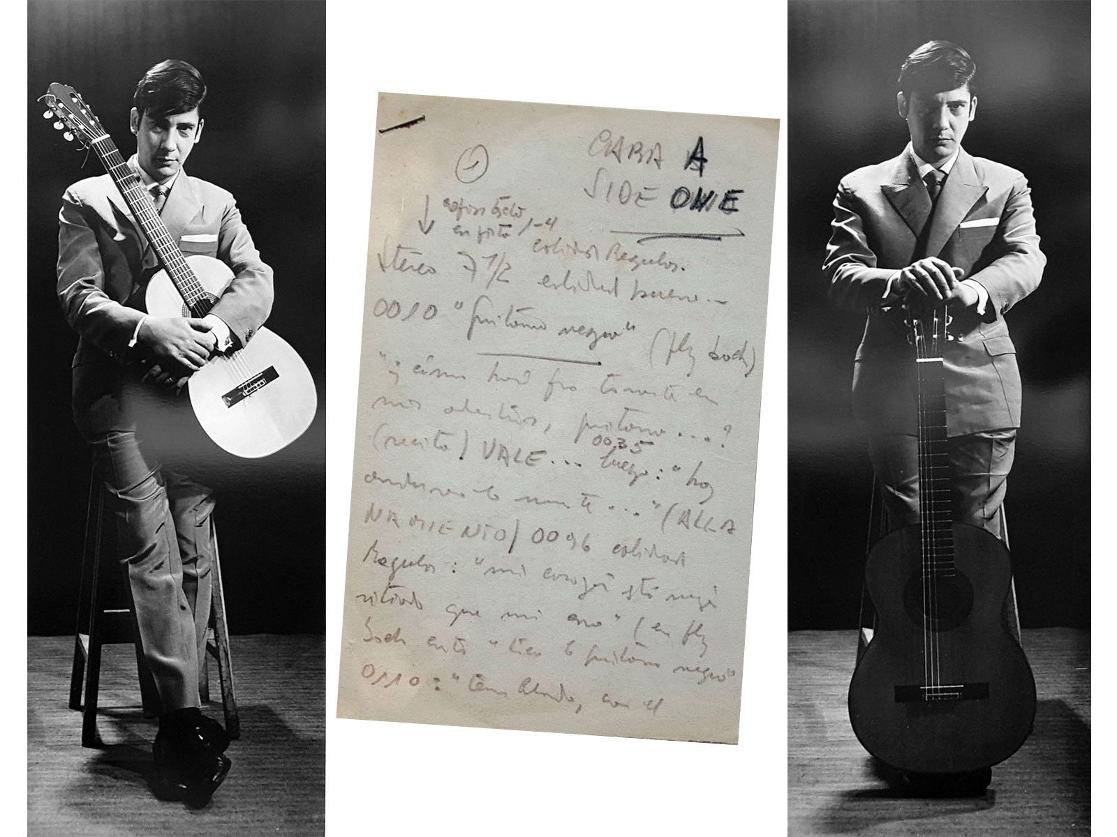 Fotos Año 1970. Autor Mario Bonavita. Archivo Zitarrosa. Texto: Nota realizada por Alfredo Zitarrosa que acompaña la cinta magnetofónica con la grabación de uno de los primeros ensayos de Guitarra Negra