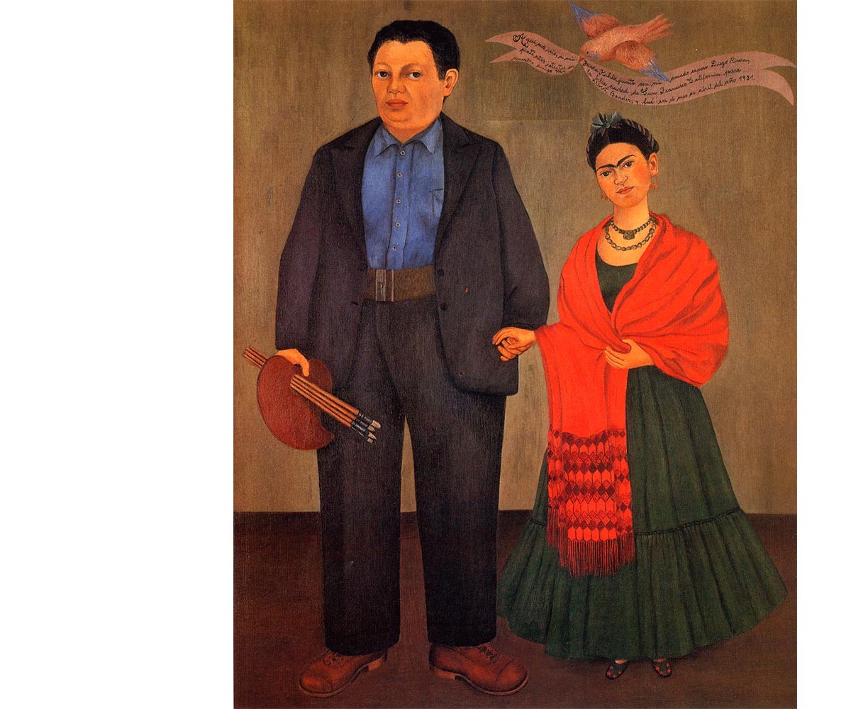 Frida Kahlo óleo pintado en San Francisco. El texto debajo del pájaro dice: Aquí nos vemos a mí, a mí, Frieda Kahlo, con mi querido esposo Diego Rivera, pinté estos retratos en la hermosa ciudad de San Francisco, California, para nuestro amigo Albert Bender, y fue el mes de abril del año 1931.