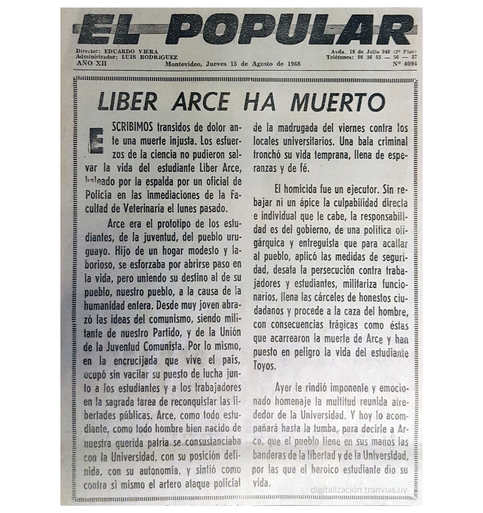 Diario El Popular, edición del jueves 15 de agosto de 1968